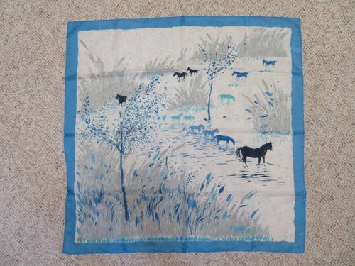 Vint Women's Polyester Scarf 26” Sq Blue Border w/shades blue/gray Horses/Italy
