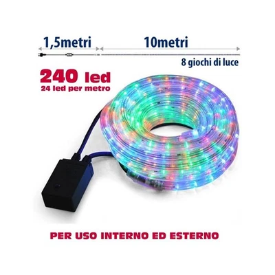 TRADE SHOP TRAESIO Tubo Luminoso Natalizio 10 Metri Led Multicolor Controller 8 Funzioni X Esterno