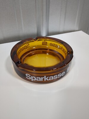 Ashtray MCM SPARKASSE SAVINGS BANK  AMBER GLASS  5.75''  HEAVY  