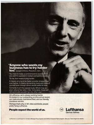 1987 PRINT AD Lufthansa German Airlines Avis President Joseph Vittoria Quote