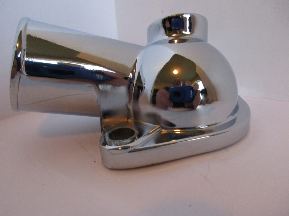 SBC BBC Chevy 15deg CHROME WATER NECK THERMOSTAT HOUSING WITH TEMP PORT