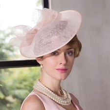 Women's Kentucky Derby Church Wedding Noble Dress linen feather Sinamay hat SY