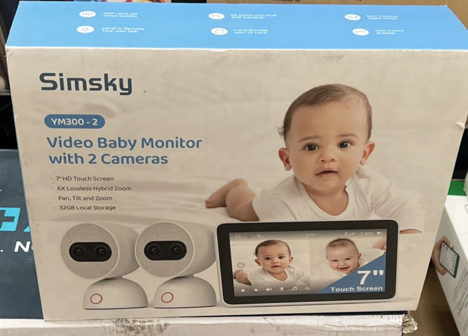 Simsky YM300-2 Video Baby Monitor 2 Cameras 7" Touch Wi-Fi 6X Zoom 32GB Audio IR