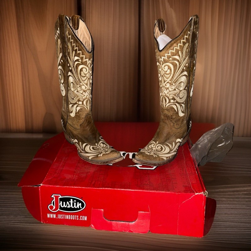 Justin Women's Western Cowboy Boots Brown/Tan Embroidered Tooled 7.5B GY2900