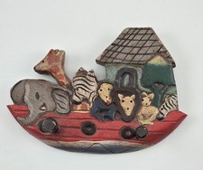 Wooden Noahs Ark Carved Wall Hanging Hat Rack Two Peg Bible Baby Child Nursery