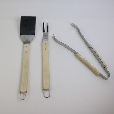 Lot of 3 Unbranded Stainless Steel Light Wood Handled BBQ Utensils