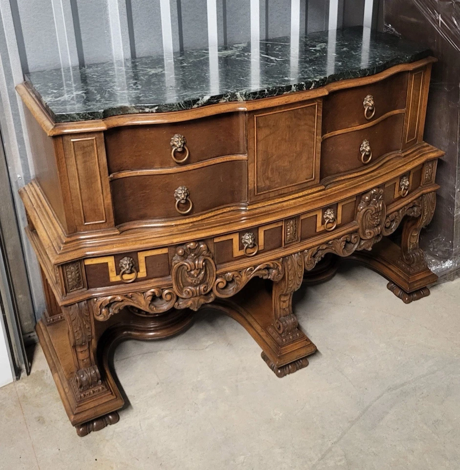 Antiguo servidor buffet de comedor con tapa de mármol verde tallado estilo georgiano Foto 2 de 2