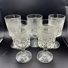 Vintage 5 Anchor Hocking Wexford Clear GLASS Wine Goblets 5 3/8" Diamond Cut