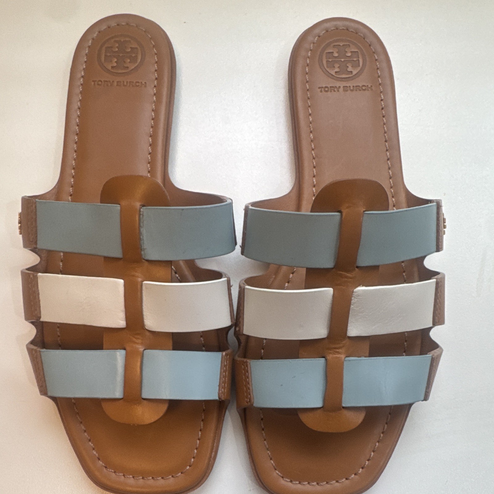 Tory Burch Leather Logo Colorblock Slide Sandals Women’s US 8 Brown Blue