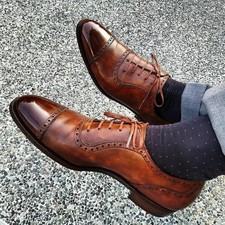 Handmade Men Brown Oxford Lace Up Formal Wingtip Leather Dress Shoes For Men