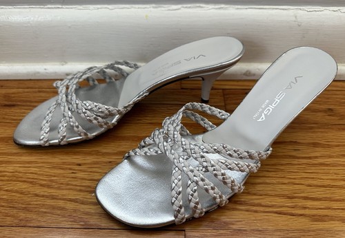 Via Spiga Women Silver and White Braided Kitten Heels US 8 Slip On Sandals - Picture 5 of 22