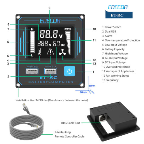 EDECOA 3500W Inversor de Potencia Onda Sinusoidal Pura 24V DC a 110V AC Nuevo Control Remoto - Imagen 3 de 9