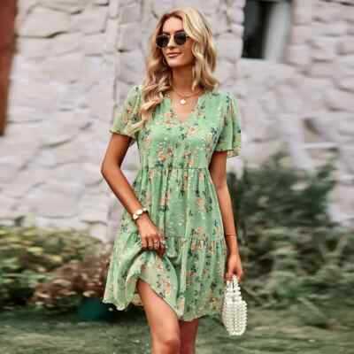 Kleid Damenkleid kurz Bohemian grün rosa Blumen weich Boho Chic 51656