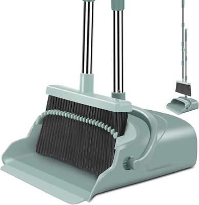 Upgrade Broom Dustpan Set Long Handle Upright,Ideal Indoor Outdoor Garage(Green)