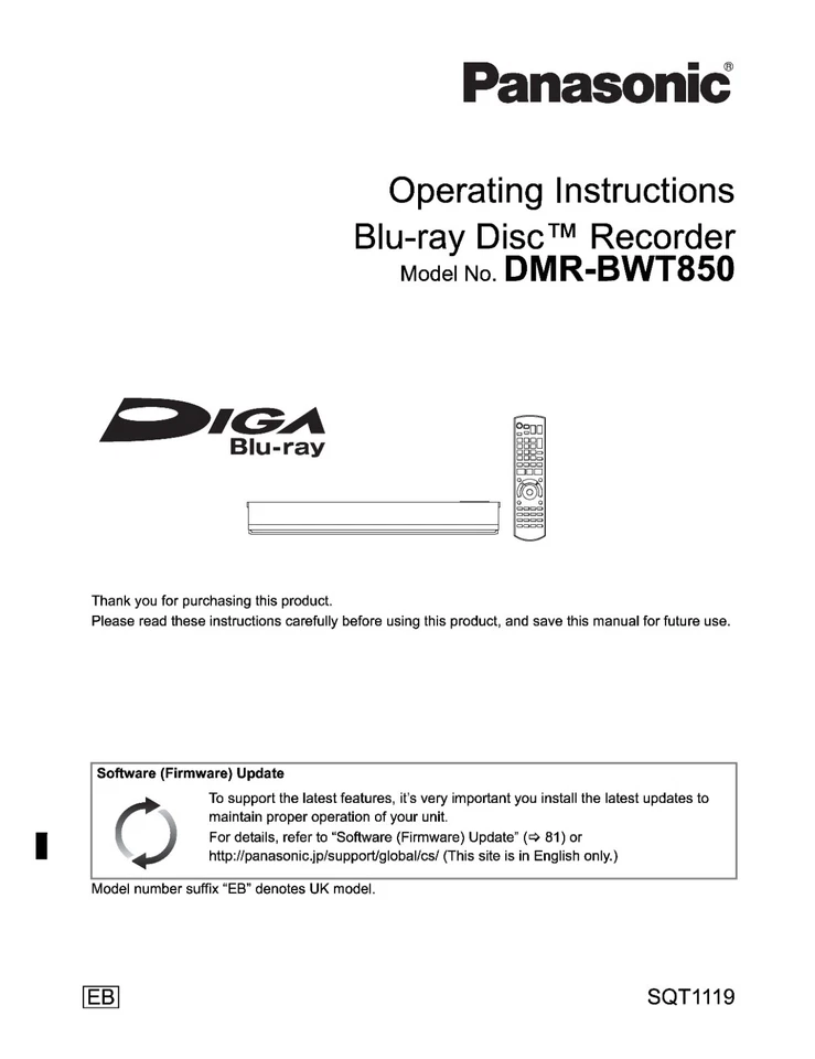 PANASONIC DMR-BWT850D BLU RAY DVD PLAYER Operating Instruction Manual 100 pages - Image 1 of 1