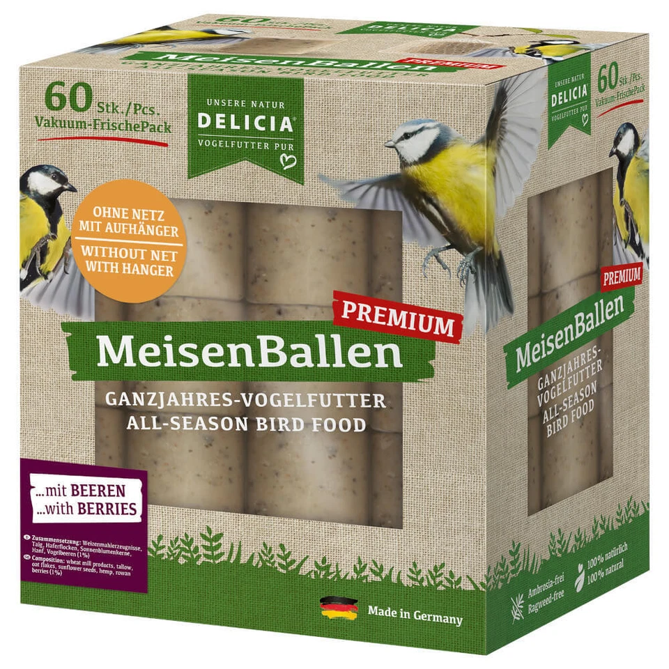 DELICIA® Premium Meisenballen mit Beeren 60er ohne Netz Ganzjahresfutter