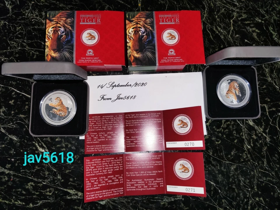 AUSTRALIA YEAR TIGER 2 COINS 2 oz ANDA PERTH MINT ZODIAC LUNAR SERIES II CHINA** - Image 3 of 4