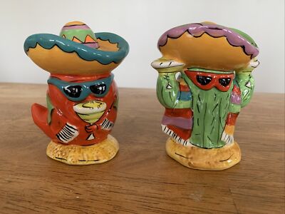 Mexican Folk Art 4  Ceramic Salt Pepper Shaker Colorful Cactus Bird Sombrero HP