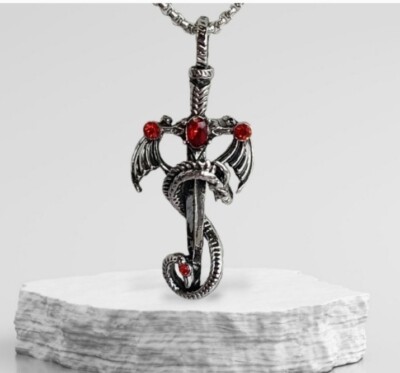 NEW EVBEA Winged Dragon Red Ruby Sword Necklace Silver Zinc Alloy Mens  Jewelry