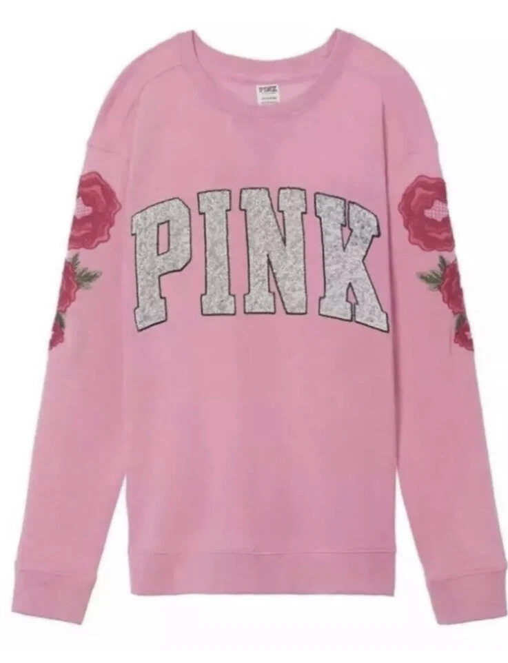 Victoria s Secret PINK Bling Embroidered Campus Pullover Sweatshirt Size Small