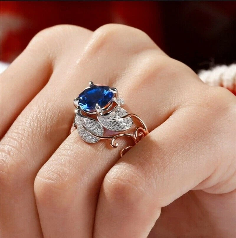 Anillo Cristal Zafiro Azul Plata Flor Oro Rosa Talla 5 - 11 Caja Regalo Gratis Foto 3 de 4