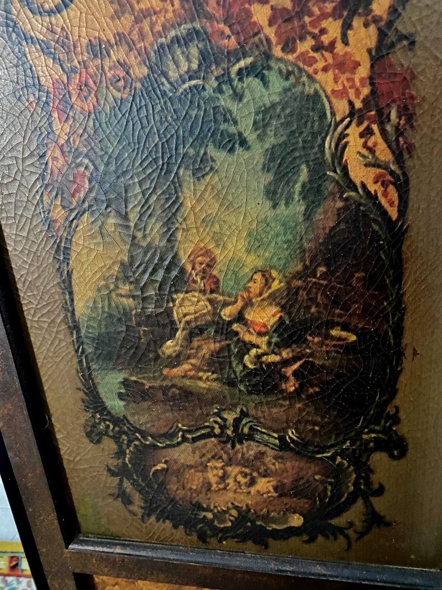 Antique Folding Wooden Separate Screen Painted with Bucolic Scenes
