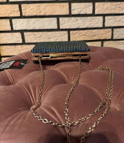 Abendtasche Strass Glitzersteine blau gold mit Kette Clutch - Bild 4 von 5