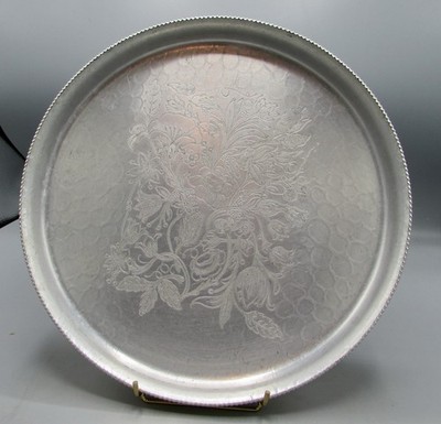 Vintage Etched Aluminum Serving Tray 12 Inch Diameter 1'' Deep Hand Wrought