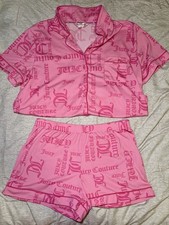 Juicy Couture Pink Ribbed Gothic Logo Pajama Set Top Shorts Y2K