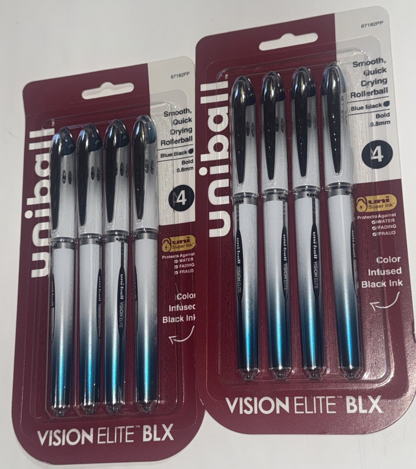 Lot of 8 Uniball Vision Elite Blue-Black Ink Rollerball Pens 0.8mm Bold - NEW!
