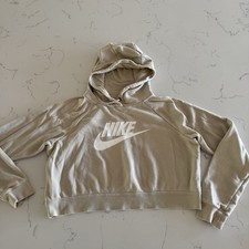 Nike Cropped Sweatshirt Beige Women s Size Medium Logo Long Sleeve Hooded