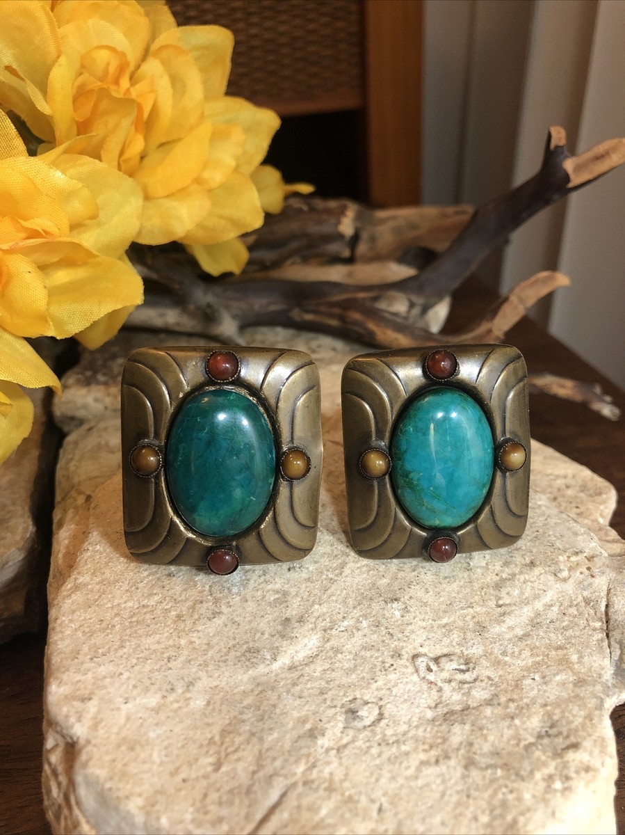 Vintage M. BAER ACC. S.F. Brass Turquoise stone Rectangle 