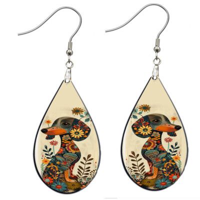 Folk Art Floral Puppy Dog Earrings NO PLATING NO TARNISHING Wood Teardrop