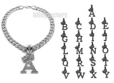 Alphabet Initial Letter Silver PT Pendant 18" 20" 24" Iced Cuban Chain Necklace