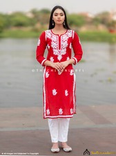 Red Cotton Chikankari Straight Kurti Lucknow Chikankari Handmade Kurta