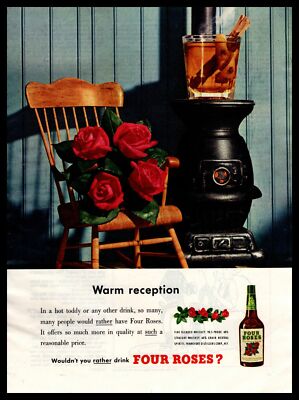 1950 Four Roses Blended Whiskey ''Hot Toddy'' Wood Burning Stove Vintage Print Ad