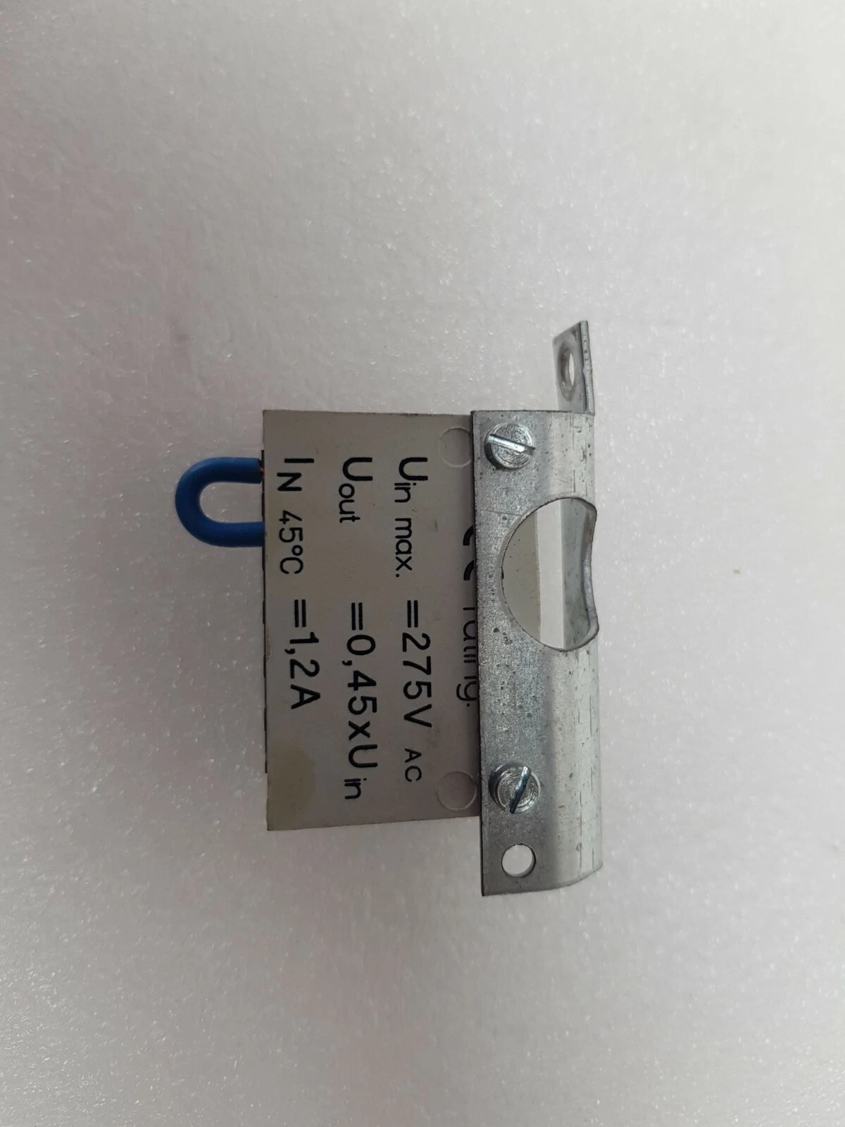 Rating label of the KEB rectifier: Uin max 275 V AC, Uout 0.45 × Uin, IN 1.2 A at 45 °C, with mounting bracket