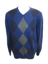 Apt 9 100 Cashmere Navy Gray Argyle V-Neck Sweater Men's Size L