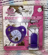 Real Tree Camo Silicone Pacifier  Clip  Adorable  NIP  Purple/White