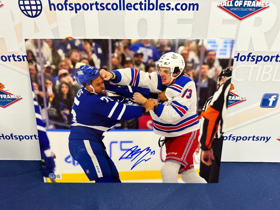 HALL OF FRAMES SPORTS COLLECTIBLES MATT REMPE SIGNED NY RANGERS 11X14 VS RYAN REAVES FIGHT PHOTO - BAS COA