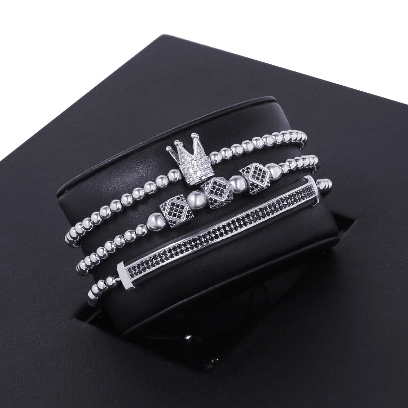 3 piezas pulseras de lujo con corona de circonita cúbica King para hombres y mujeres con dije pulseras joyas Foto 4 de 4