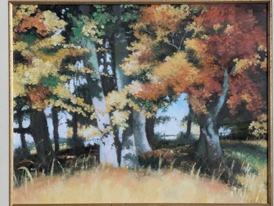 Zeitgenössisches Original-Ölgemälde bewaldete Herbstlandschaft von Sharyn Jennings