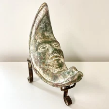 Crescent Moon Face Sculpture Earthenware Celestial Folk Art With Stand 10" Tall