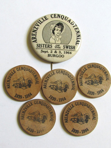 1964 Arenzville Illinois 125 Years Sisters of Swish Pinback & 5 Wooden Nickel