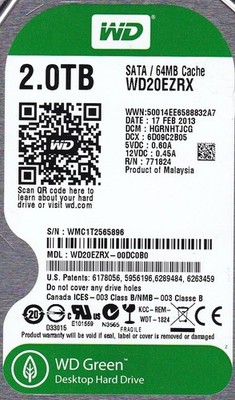 WD20EZRX-00DC0B0 HGRNHTJCG WMC1T FEB 2013 Thailand 2TB 3.5'' SATA Western Digital
