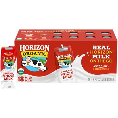 Horizon Organic Shelf Stable Whole Milk Boxes, Pack of 18  8g Protein per Ser...