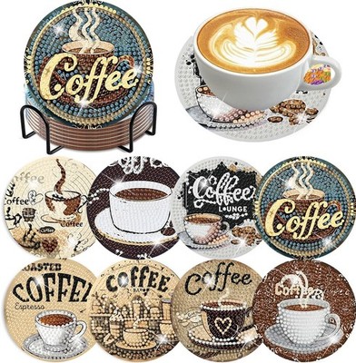 8 PCS Coffee Diamond Art Coasters Kits with Holder, Diamond Painting Coasters...