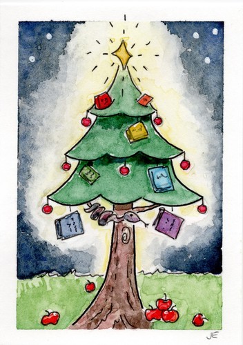 ACEO Original Watercolor Xmas Tree of Knowledge Books Serpent Apple Adam & Eve