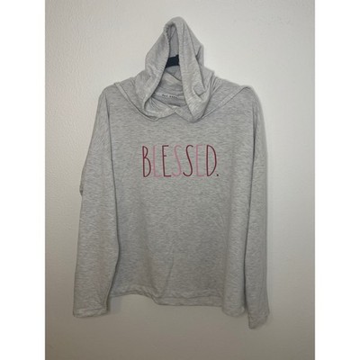 Rae Dunn Blessed Hoodie Gray Long Sleeve Cowl Neck Women's Size Medium