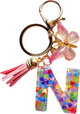 Cute Initial Letter Keychains for Women Girls Tassel Butterfly Pink Purple Green